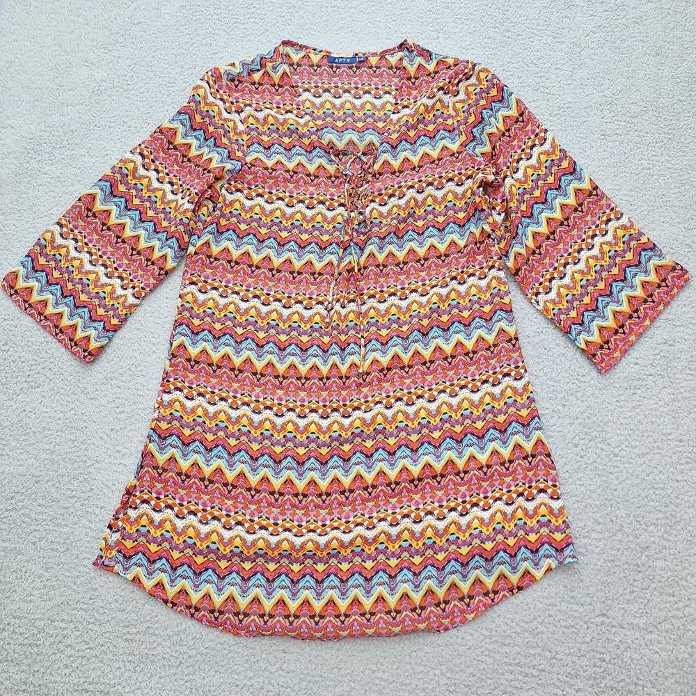Apt 9 Tunic Top Womens Small‎ Orange Blue Chevron Zigzag Lace-up V-Neck Boho